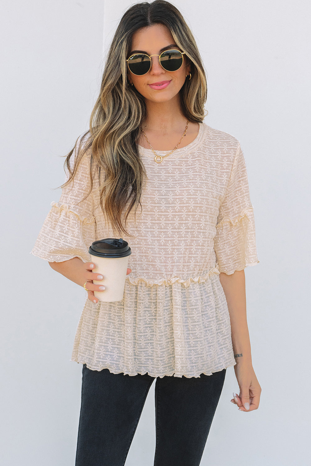Lacy Beige Textured Ruffled Half Sleeve Blouse