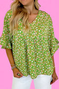 Ruffled Green Floral V-Neck Half Sleeve Blouse Green Bazaare Mart Green Floral Puff Sleeve Blouse