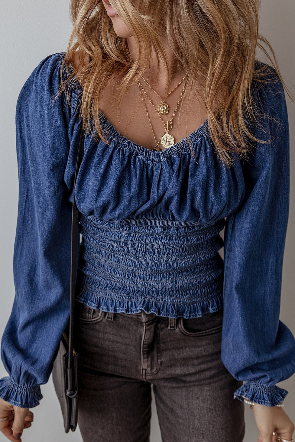 Dark Blue Smocked Ruffled Puff Long Sleeve Denim Blouse