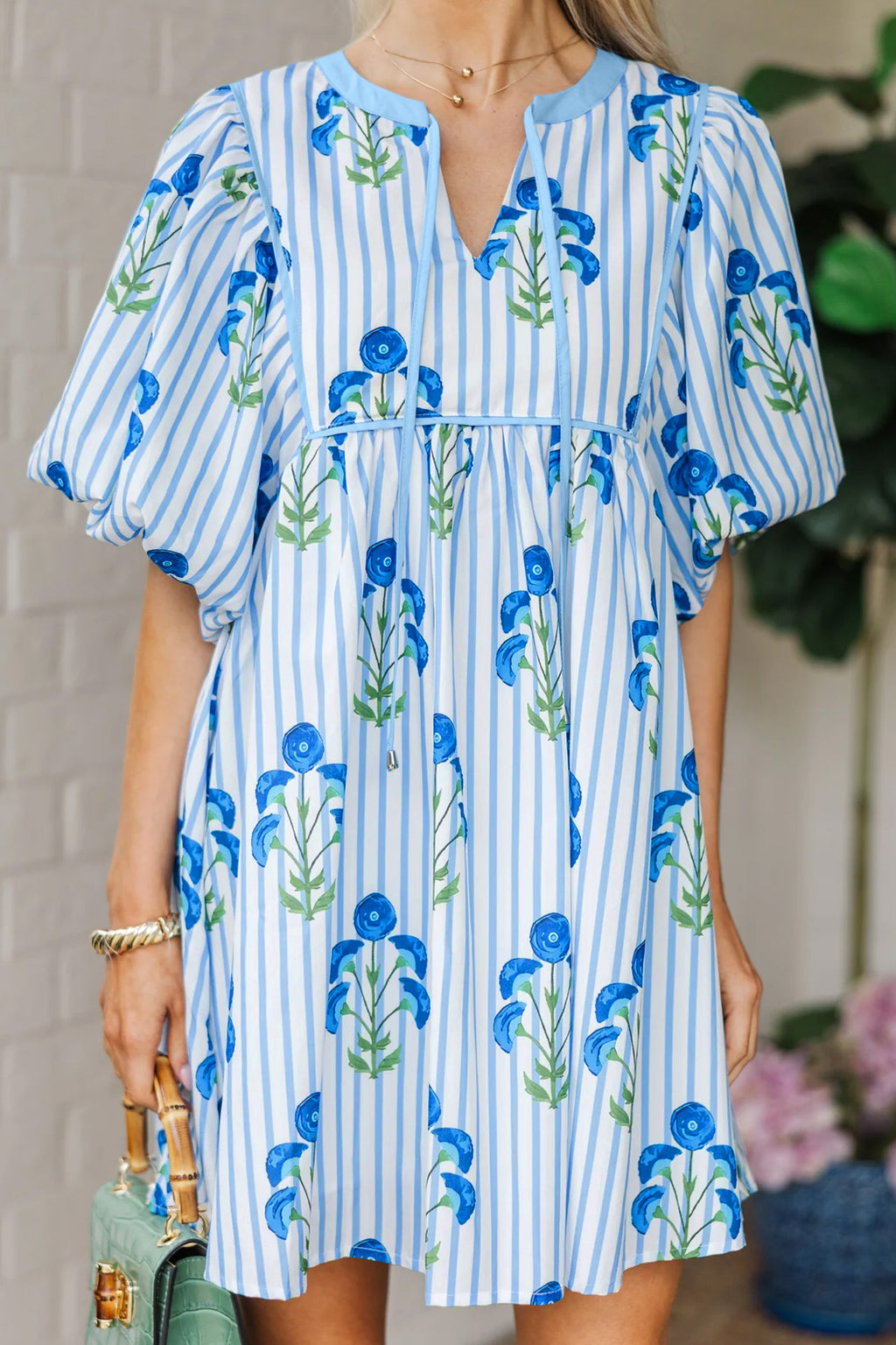 Sky Blue Floral Striped Print Tie Notched Neck Puff Sleeve Flared Mini Dress Dear-Lover Dropshipping Dresses/Floral Dresses
