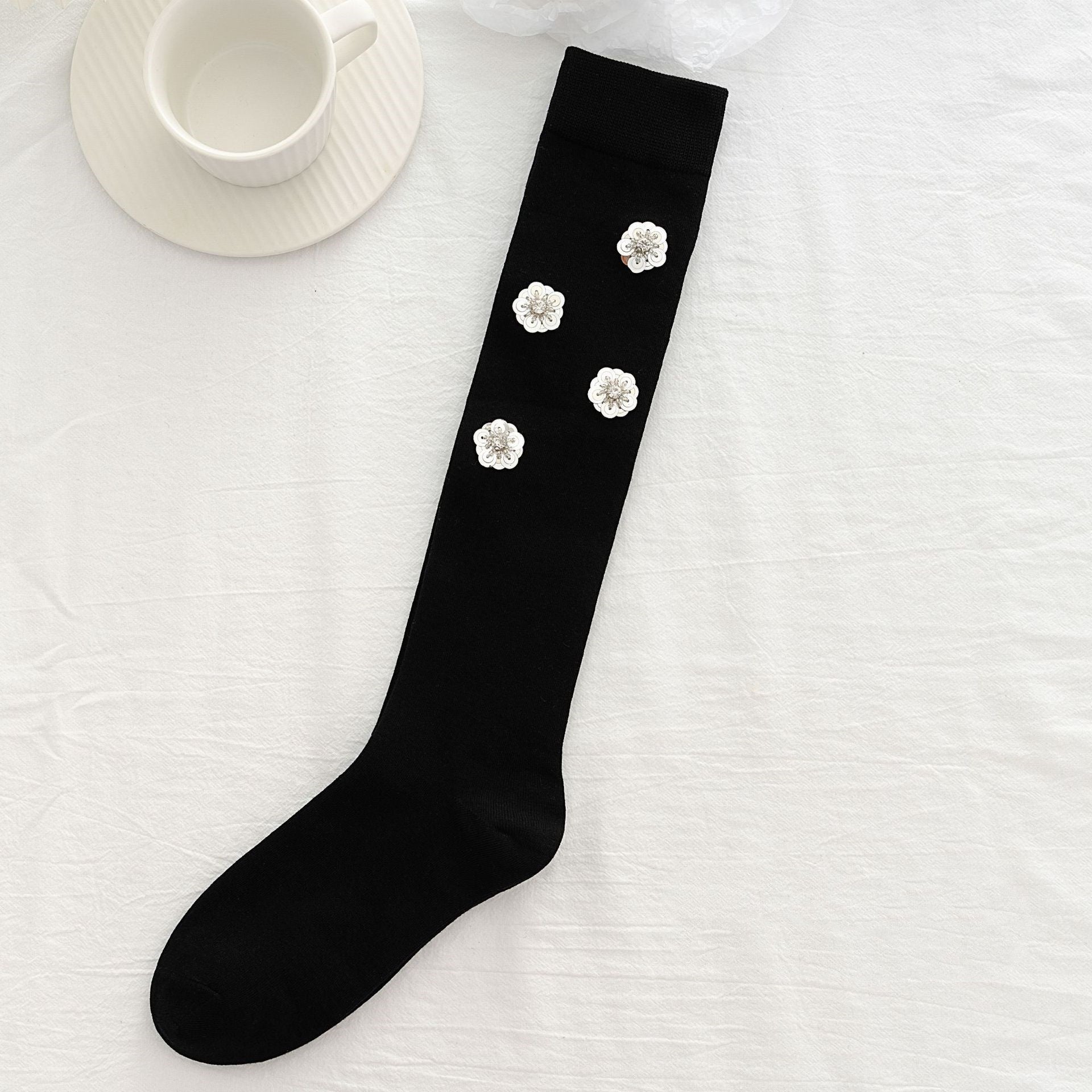 Floral Sequined Bow Knee-High Socks Black silver flakes One size CJ Dropshipping Floral Socks