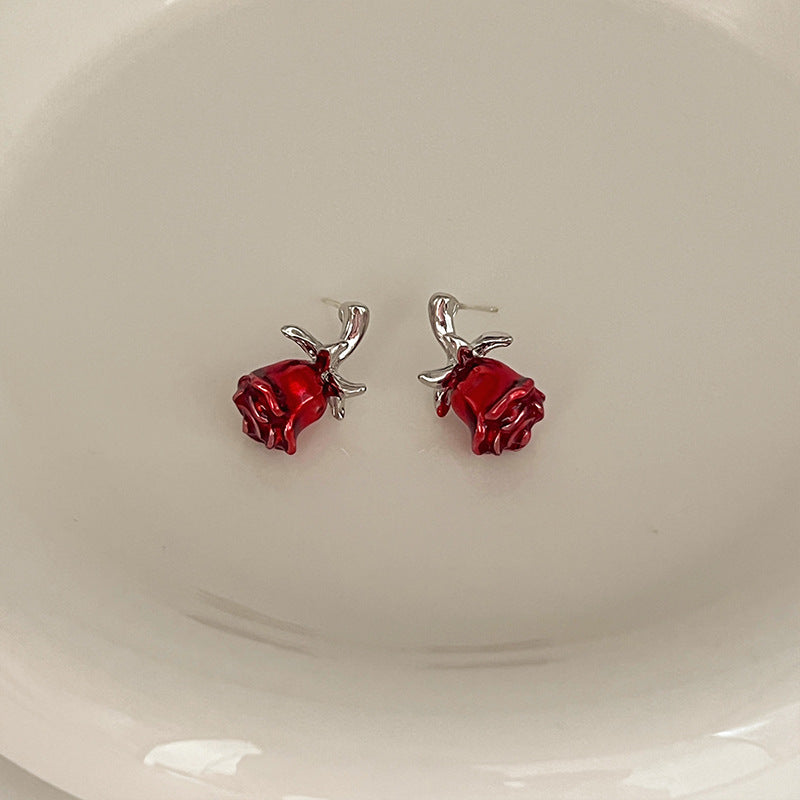 Red Rose Bud Stud Earrings