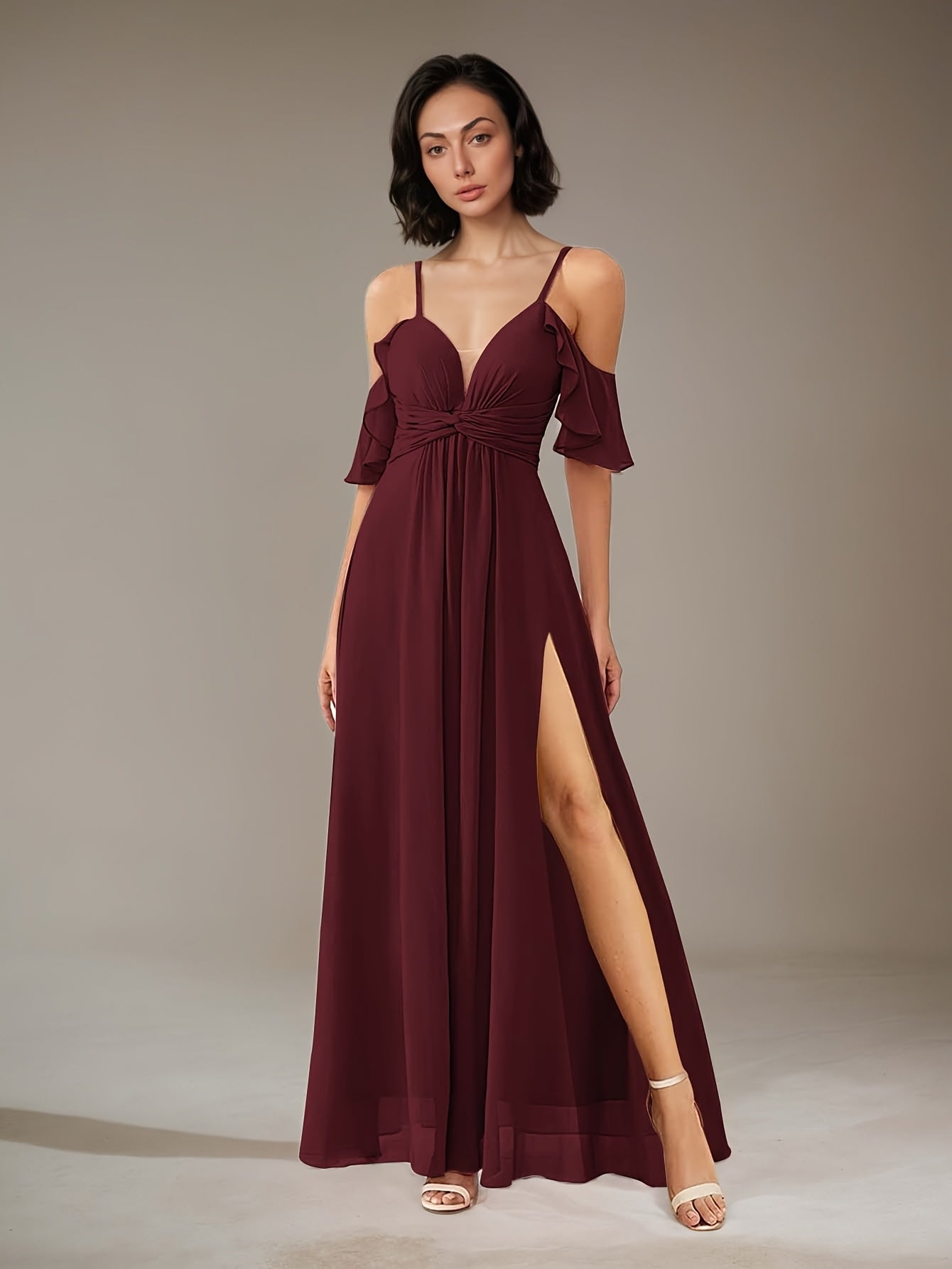 Elegant Cold Shoulder V-Neck Bridesmaid Dress
