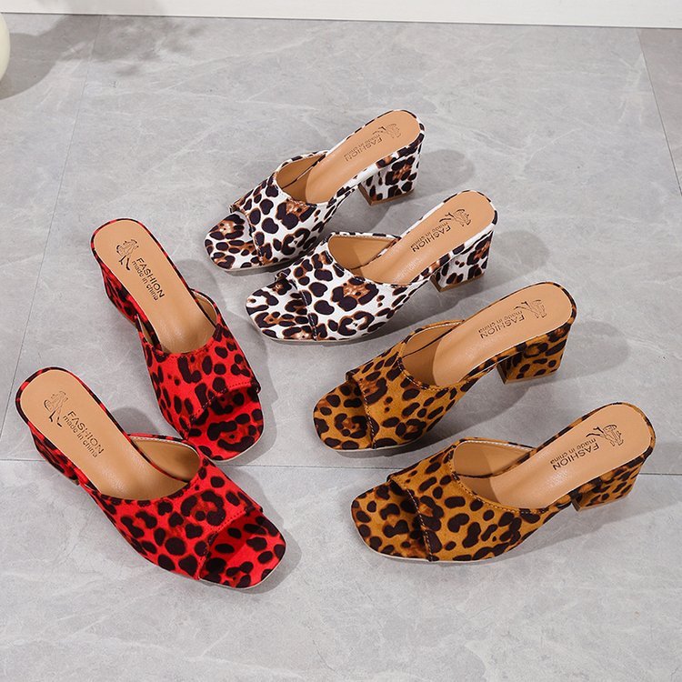 Leopard Square Toe Chunky Heel Sandals