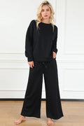 Wide Leg Sweat Pants Set Black Bazaare Mart Textured Long Sleeve Top & Baggy Pants Set