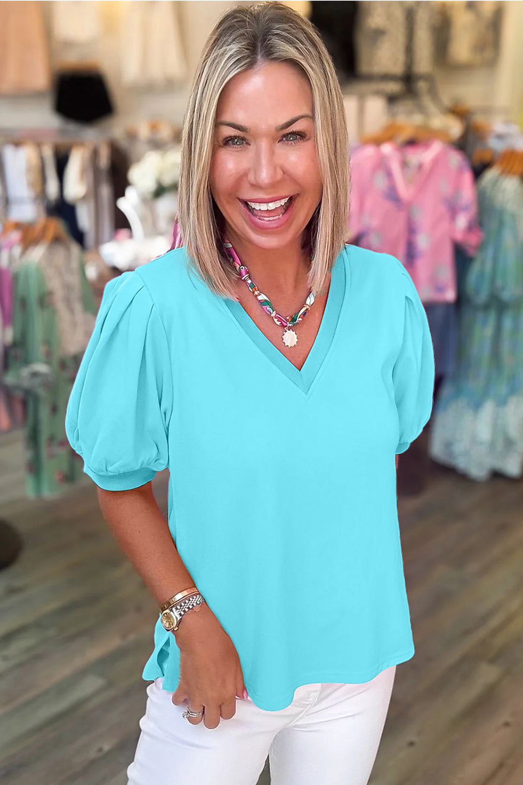 Yellow Solid Color V Neck Short Puff Sleeve Blouse Dear-Lover Dropshipping Tops/Blouses & Shirts