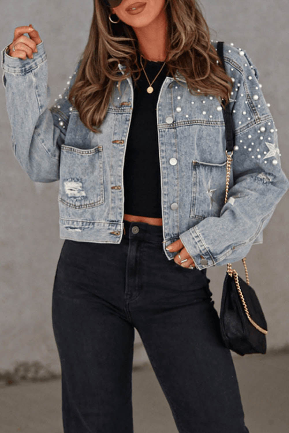 Black Distressed Pearls Star Cropped Denim Jacket