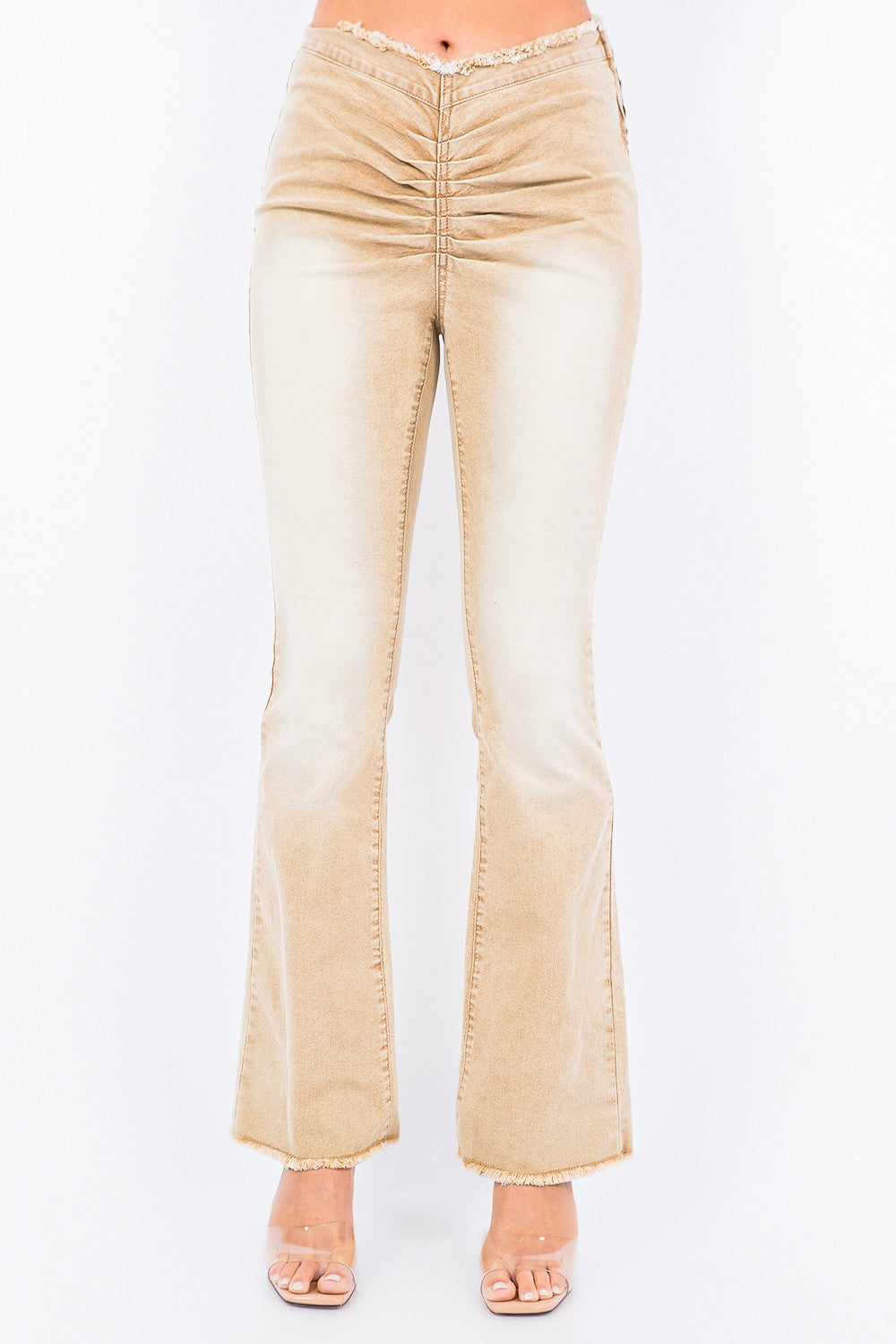 V-Cut Ruched Distressed Beige Flare Pants