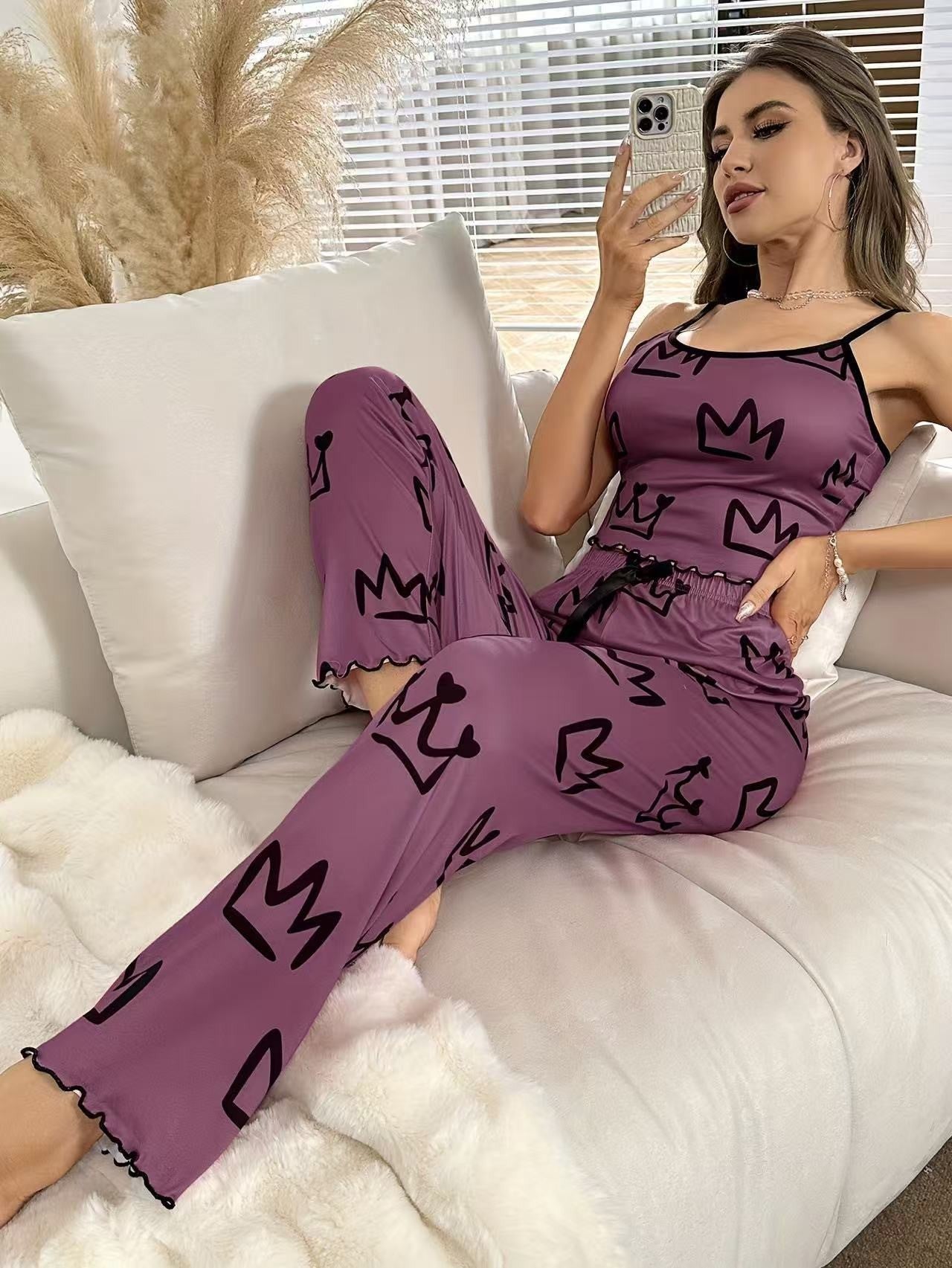 Women’s Crown Print Pajama Set – Milk Silk Cami & Pants Two-Piece Sleepwear Purple CJ Dropshipping Grey Spaghetti Strap PJs