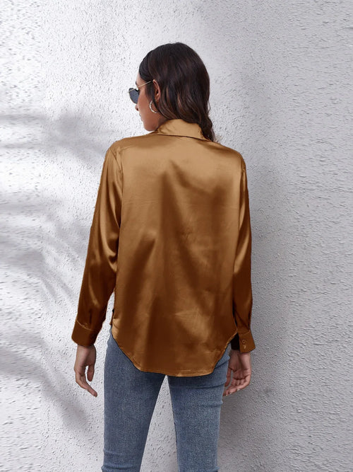 Collared Neck Buttoned Long Sleeve Shirt Trendsi Gold Satin Long Sleeve Shirt