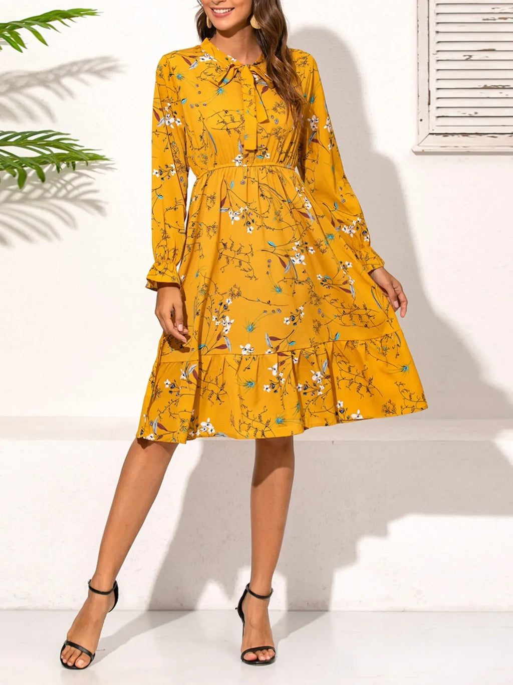 Ruffled Hem Floral Print Long Sleeve Dress Trendsi Long Sleeve Yellow Dress
