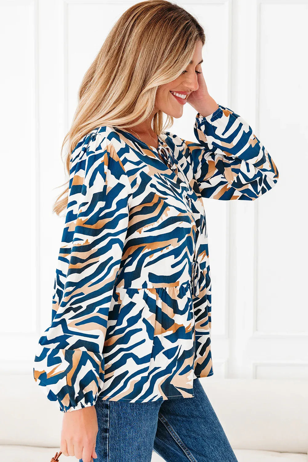 Blue Zebra Print Tied Front Puff Sleeve Top - Bazaare Mart