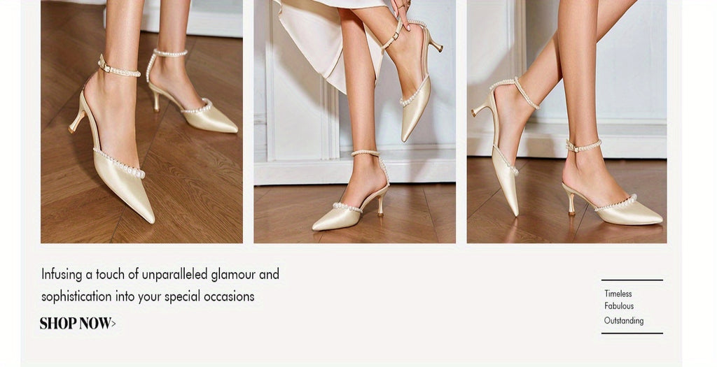 Pearl Embellished Pointed Toe Satin Pumps
