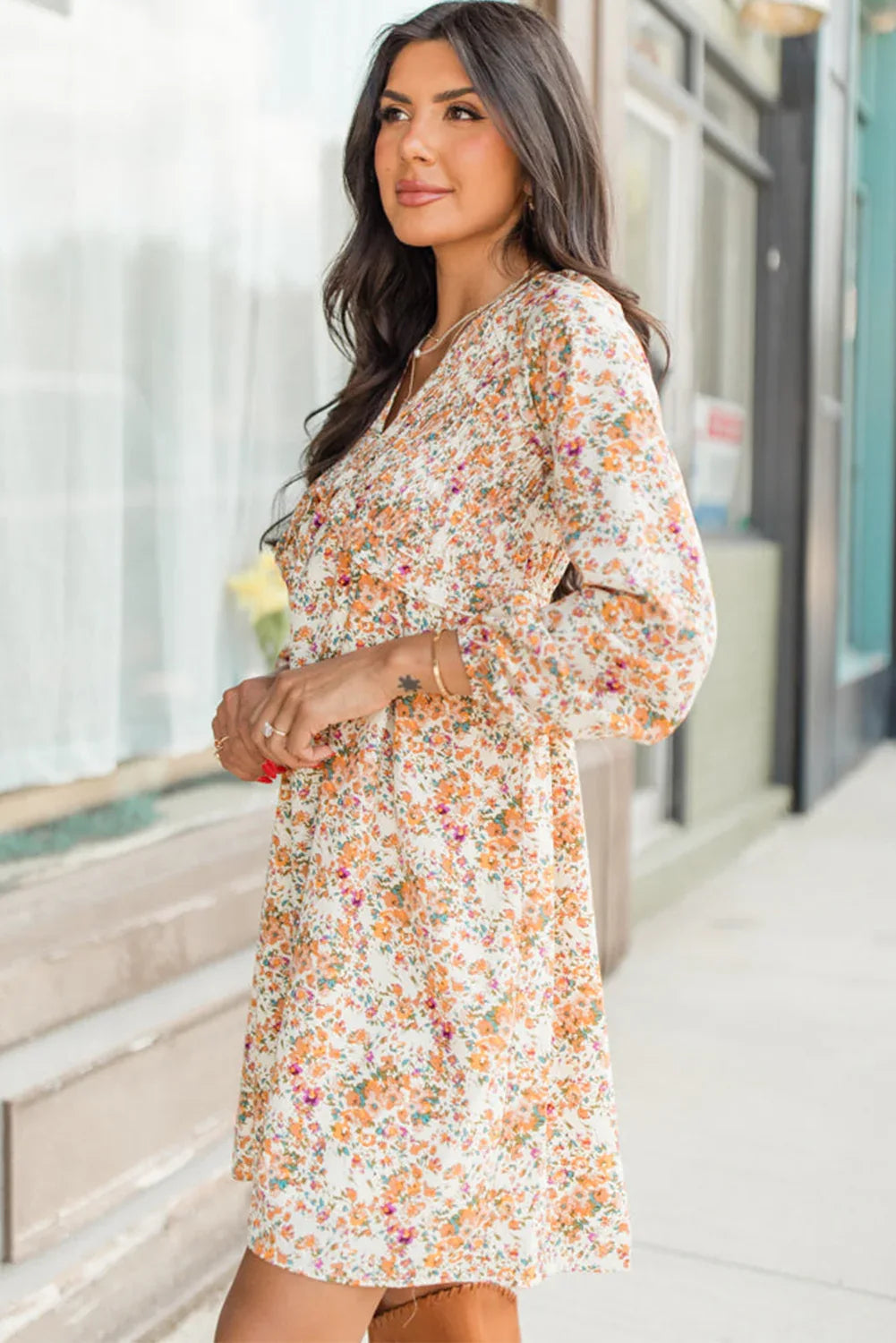 Yellow Boho Floral V Neck Ruffled Empire Waist Long Sleeve Mini Dress Bazaare Mart Dresses/Floral Dresses