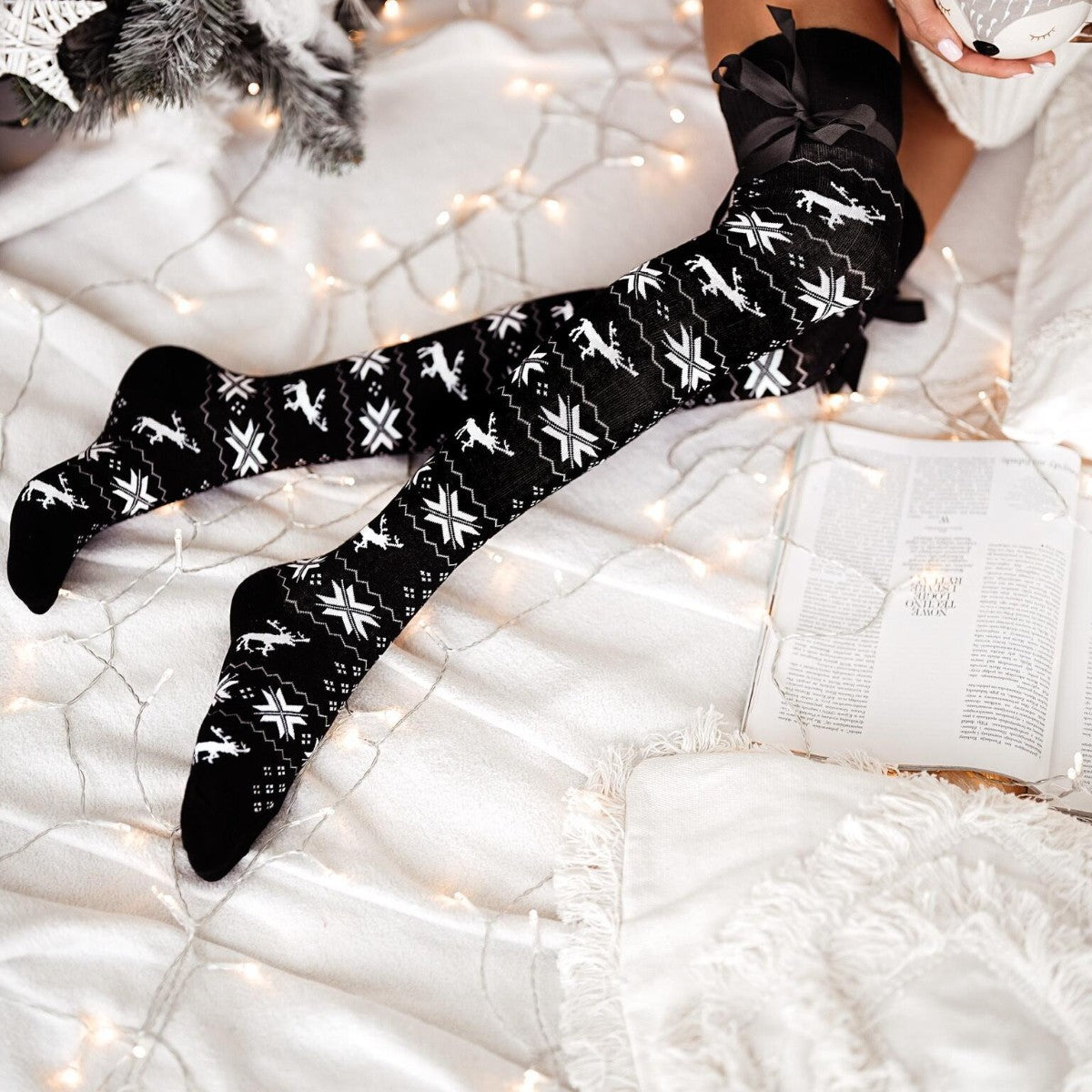 Bowknot Ribbed Trim Over Knee Stockings