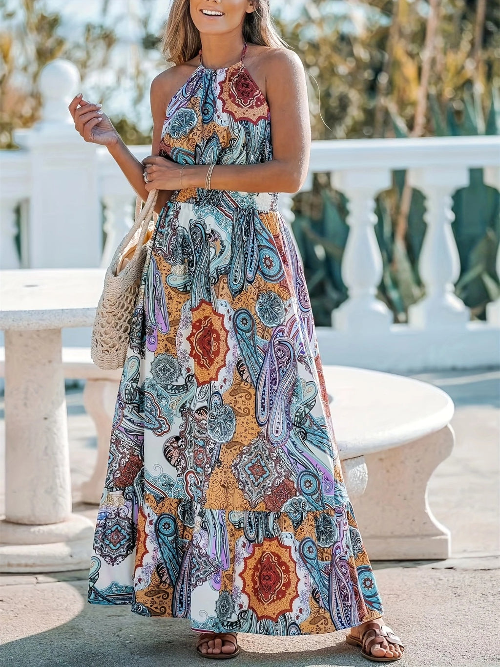 Mandala Printed Halter Maxi