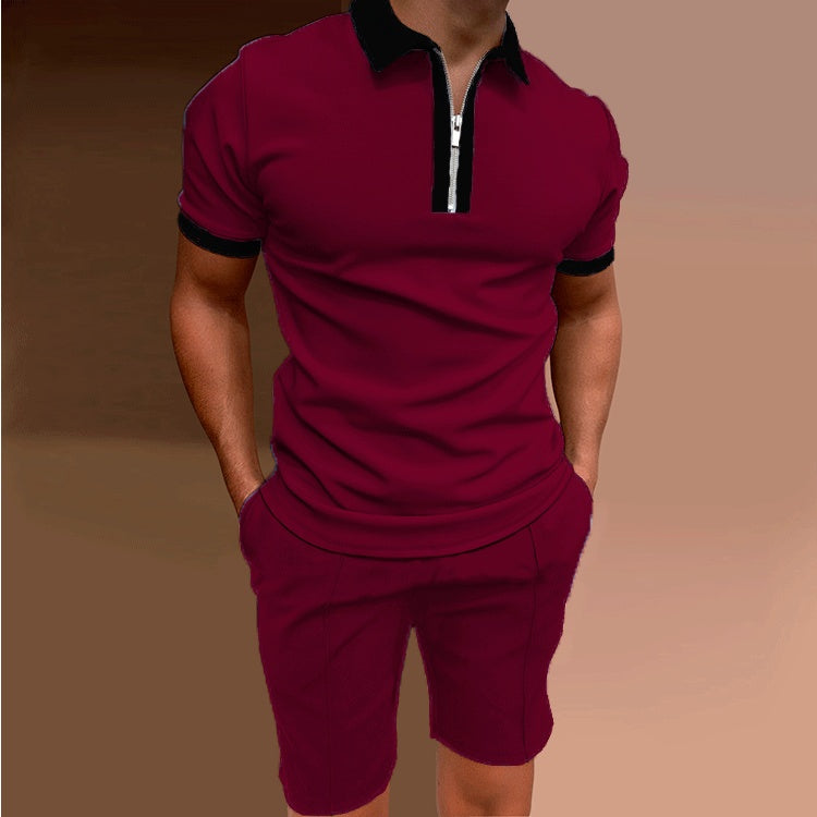 Red Slim-fit Zip Polo Shorts Set