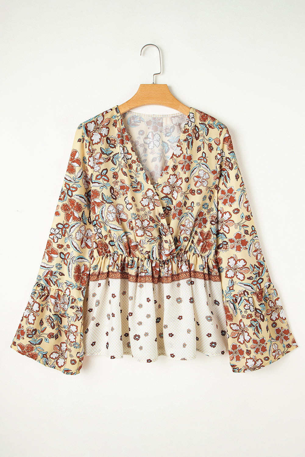 Yellow Printed Floral Bell Sleeve V Neck Peplum Blouse