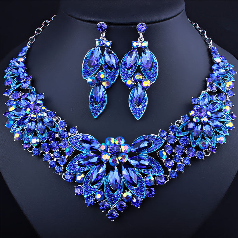 Crystal Rhinestone Flower Statement Necklace Earrings Two-Piece Set