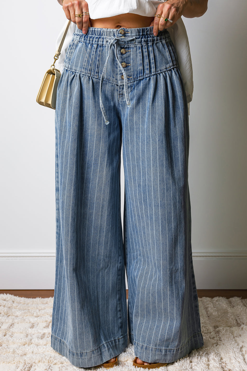 Sky Blue Stripe Button Pleated Drawstring Waist Casual Wide Leg Jeans Dear-Lover Dropshipping Bottoms/Jeans