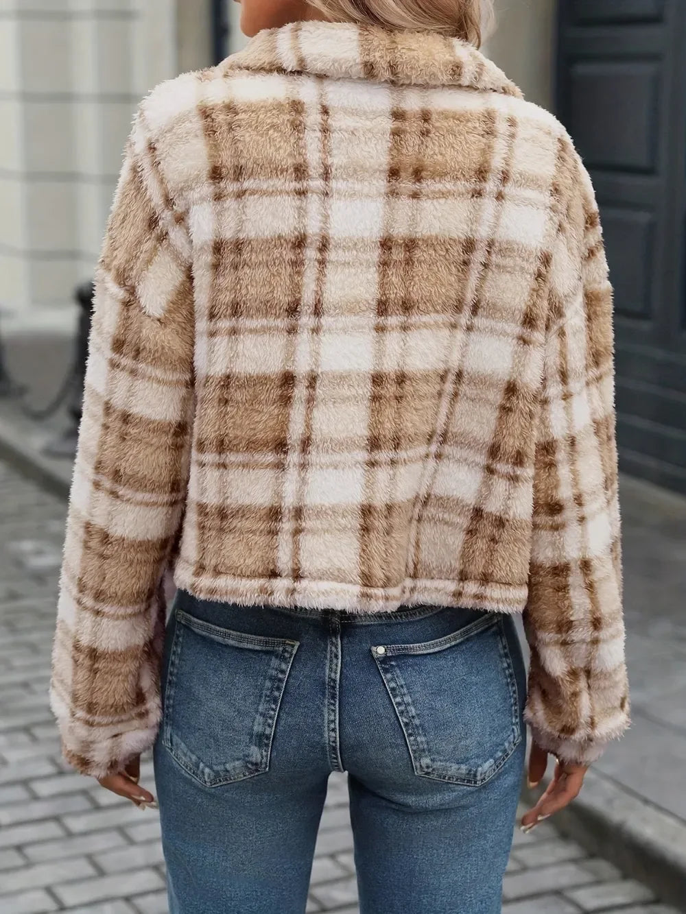 Furry Camel Plaid Button Up Crop Jacket Bazaare Mart Plaid Button Up Collared Neck Long Sleeve Jacket