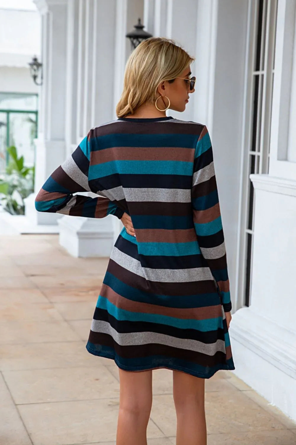 Striped Round Neck Long Sleeve Dress Bazaare Mart Striped Round Neck Long Sleeve Dress