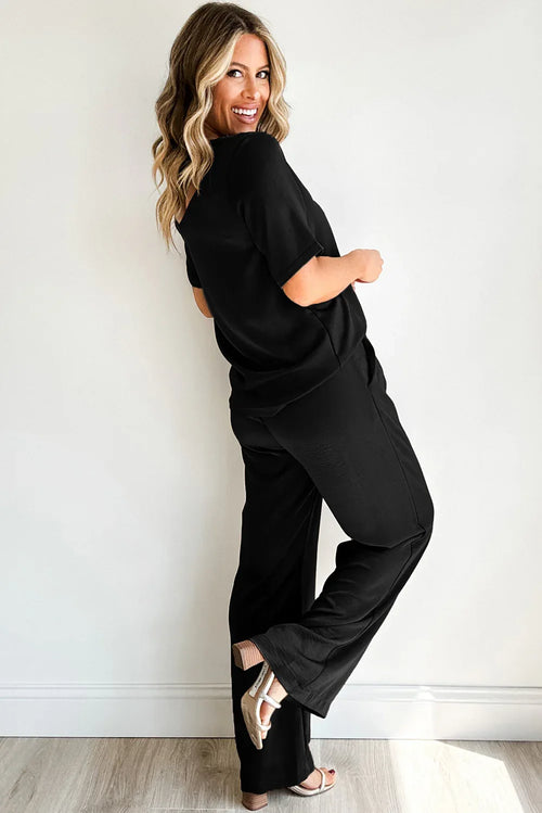 Black Solid Color T Shirt 2pcs Wide Leg Pants Set Bazaare Mart Loungewear