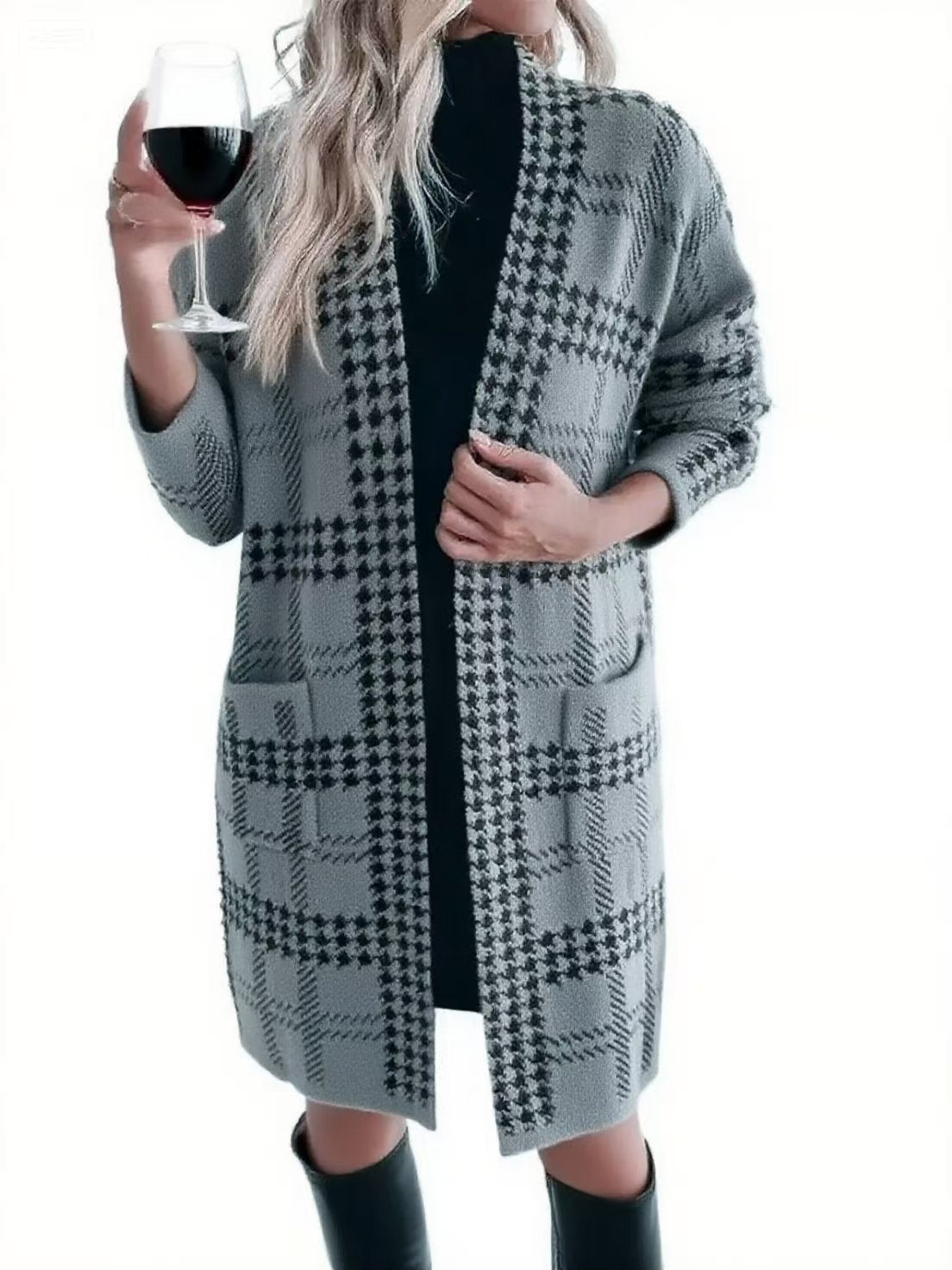 Long Open Front Plaid Houndstooth Cardigan