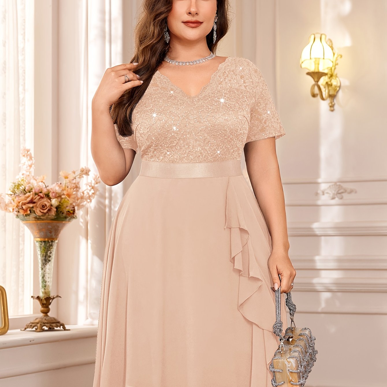 Sequin Lace V-Neck Short Sleeve Chiffon Ruffle Hem Dress