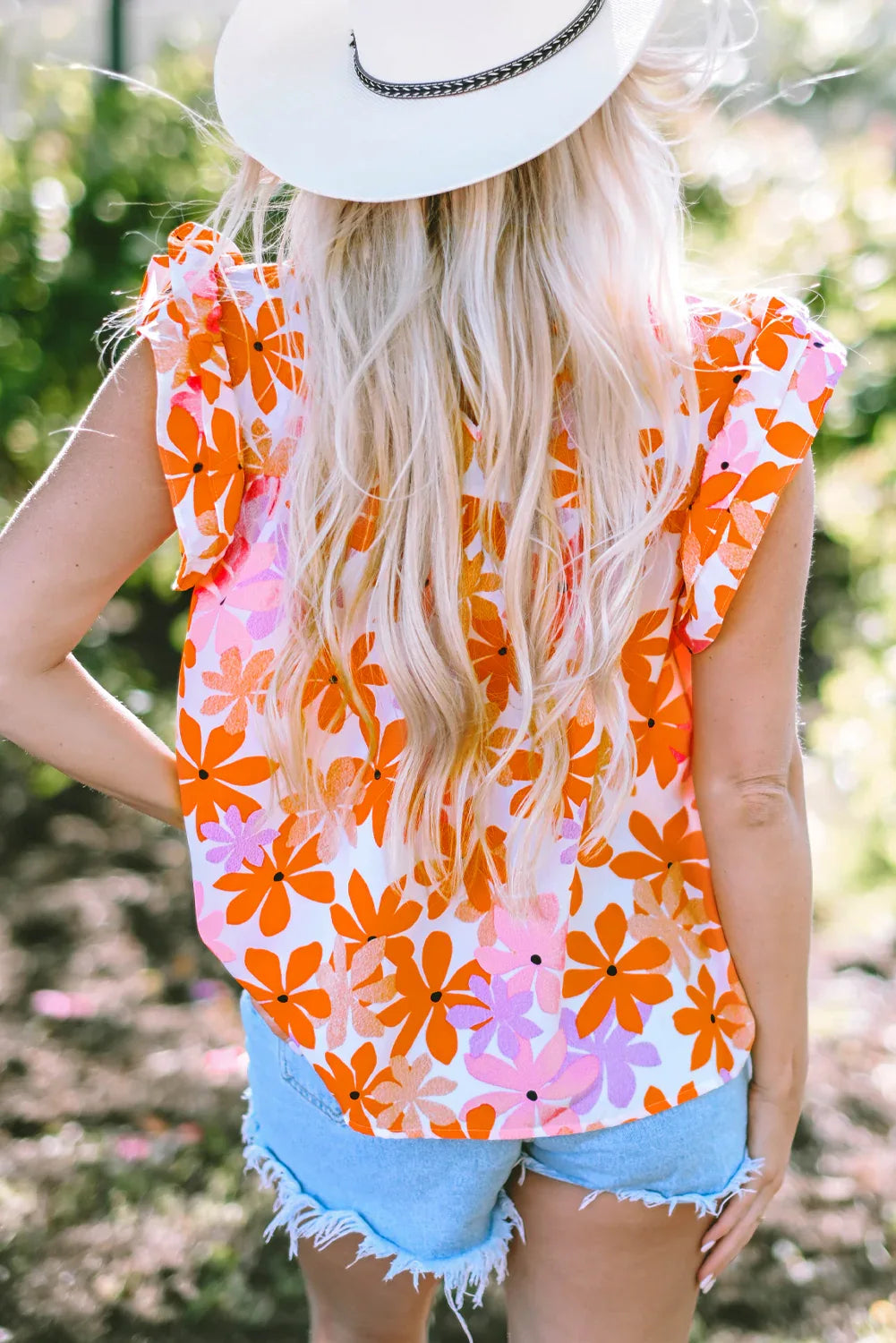 Orange Ruffled Sleeve Smocked Floral Top Bazaare Mart Tops