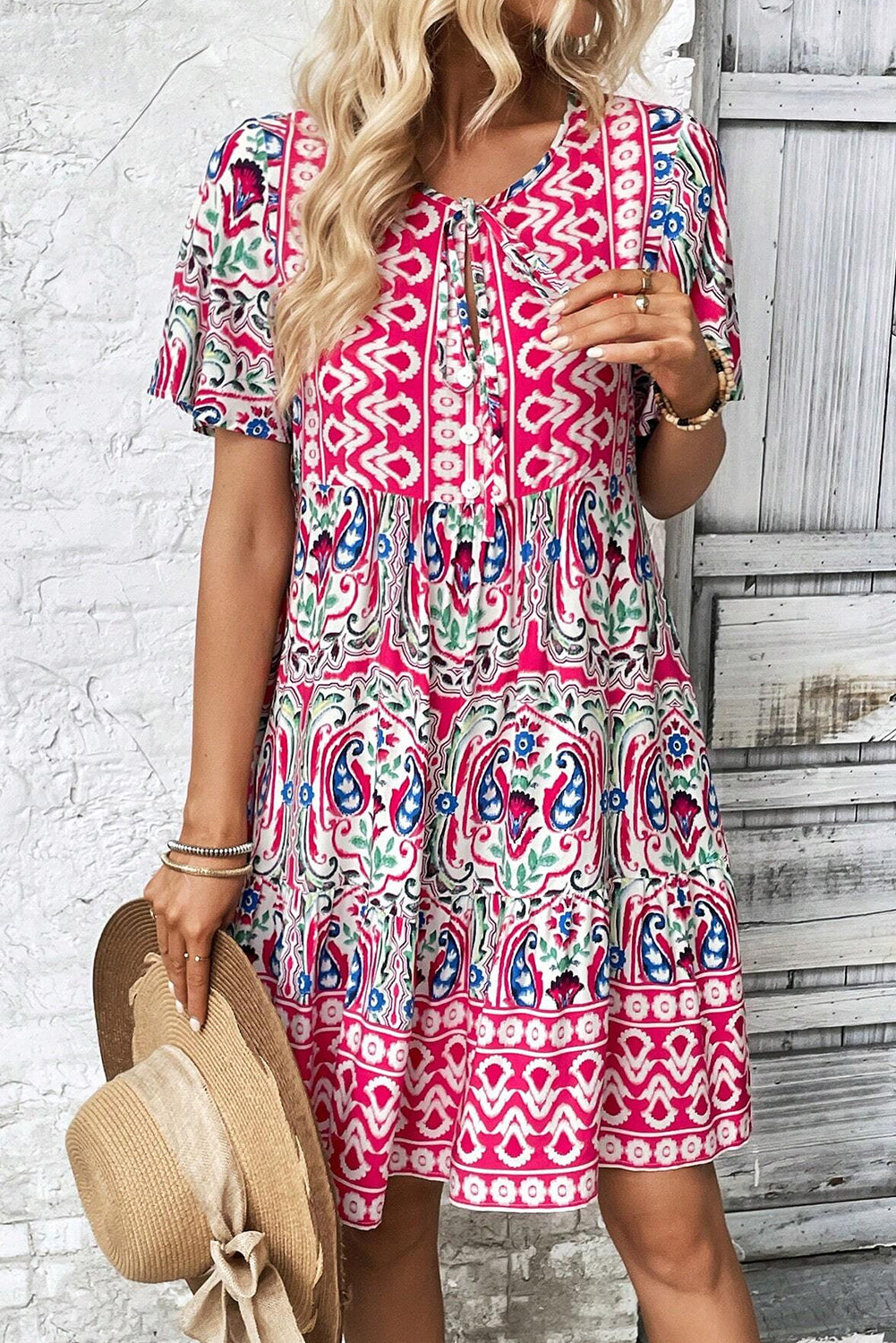 Pink Short Sleeve Bohemian Print Dress