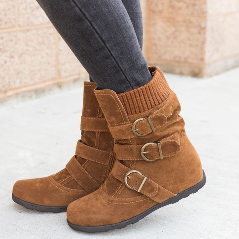 Casual Faux Suede Buckle Mid-Calf Flat Boots