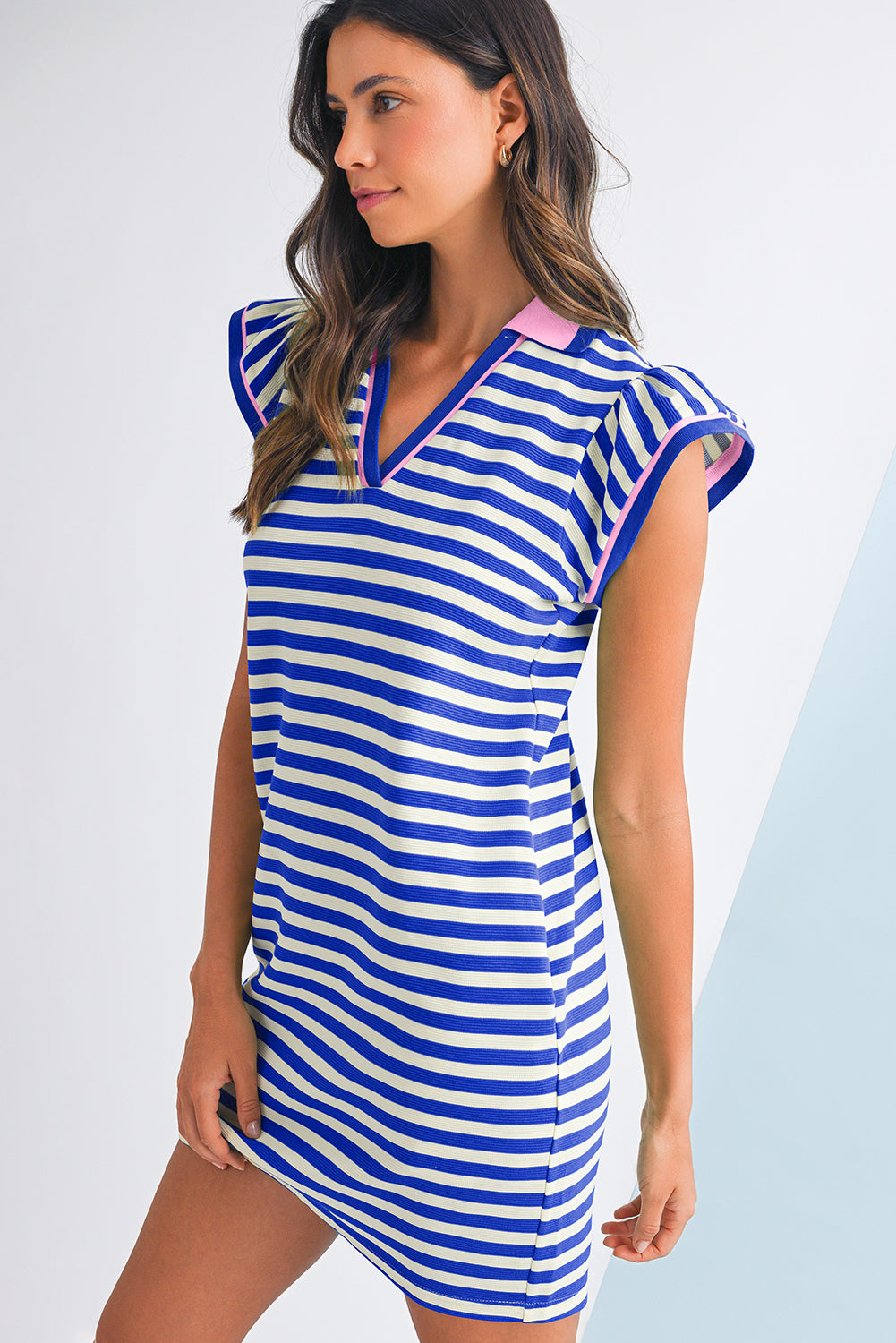 Dark Blue Striped Ruffle Short Sleeve Pop of Color Neckline Dress