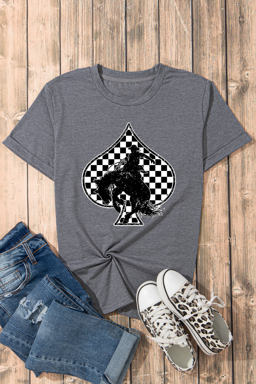 Gray Rodeo Check Spades Western Graphic T Shirt Dear-Lover Dropshipping Graphic/Graphic Tees