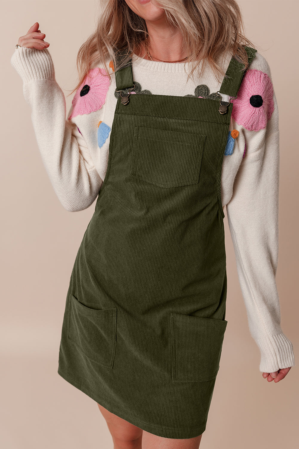 Army Green Corduroy Overall Dress