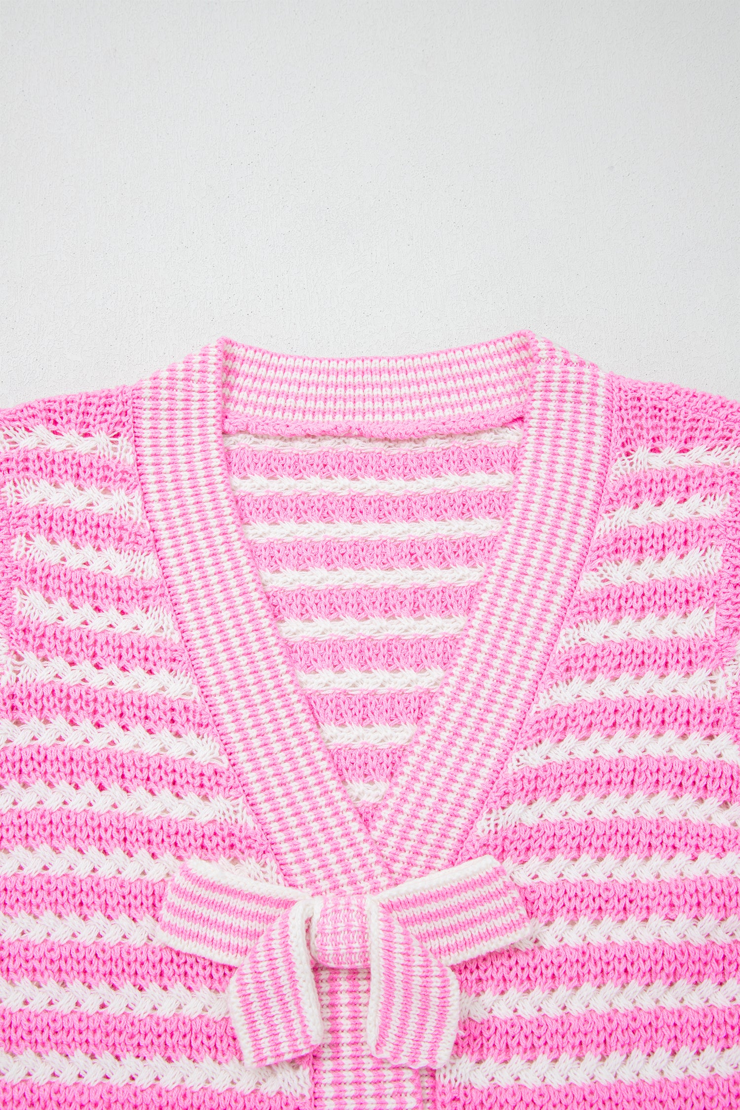 Striped Short Sleeve Knit V Neck Bow Knot Sweater Bazaare Mart Sweaters & Cardigans/Short Sleeve Sweaters