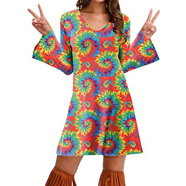 Retro ’70s Hippie Print A-Line Mini Dress Color 03 CJ Dropshipping Long Sleeve Hippie Dress