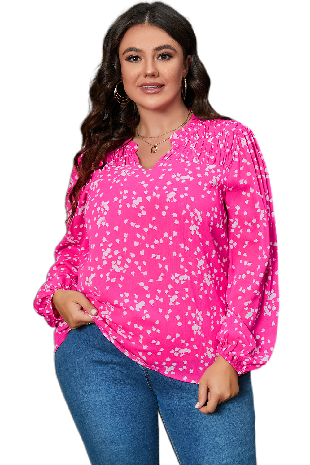 Yellow Plus Size Floral Print Ruched Split Neck Blouse