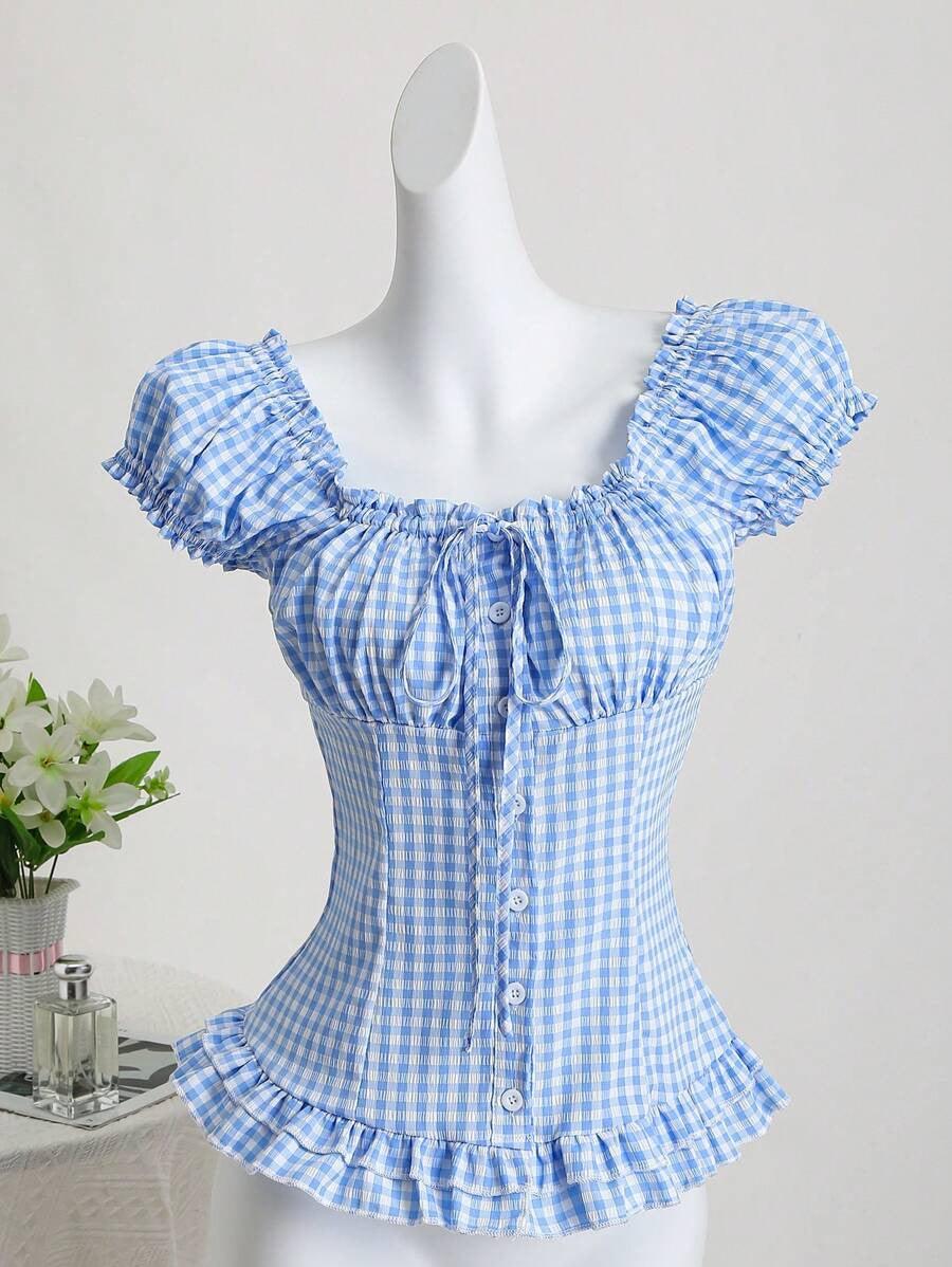 Women's Off-Shoulder Plaid Peasant Top – Puff Sleeve Tie-Front Ruffle Hem Blouse Blue CJ Dropshipping Gingham Peasant Top