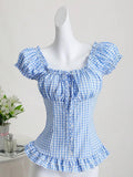 Women's Off-Shoulder Plaid Peasant Top – Puff Sleeve Tie-Front Ruffle Hem Blouse Blue CJ Dropshipping Gingham Peasant Top