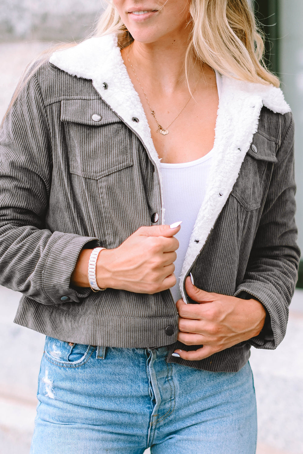 Corduroy Sherpa Snap Button Flap Jacket