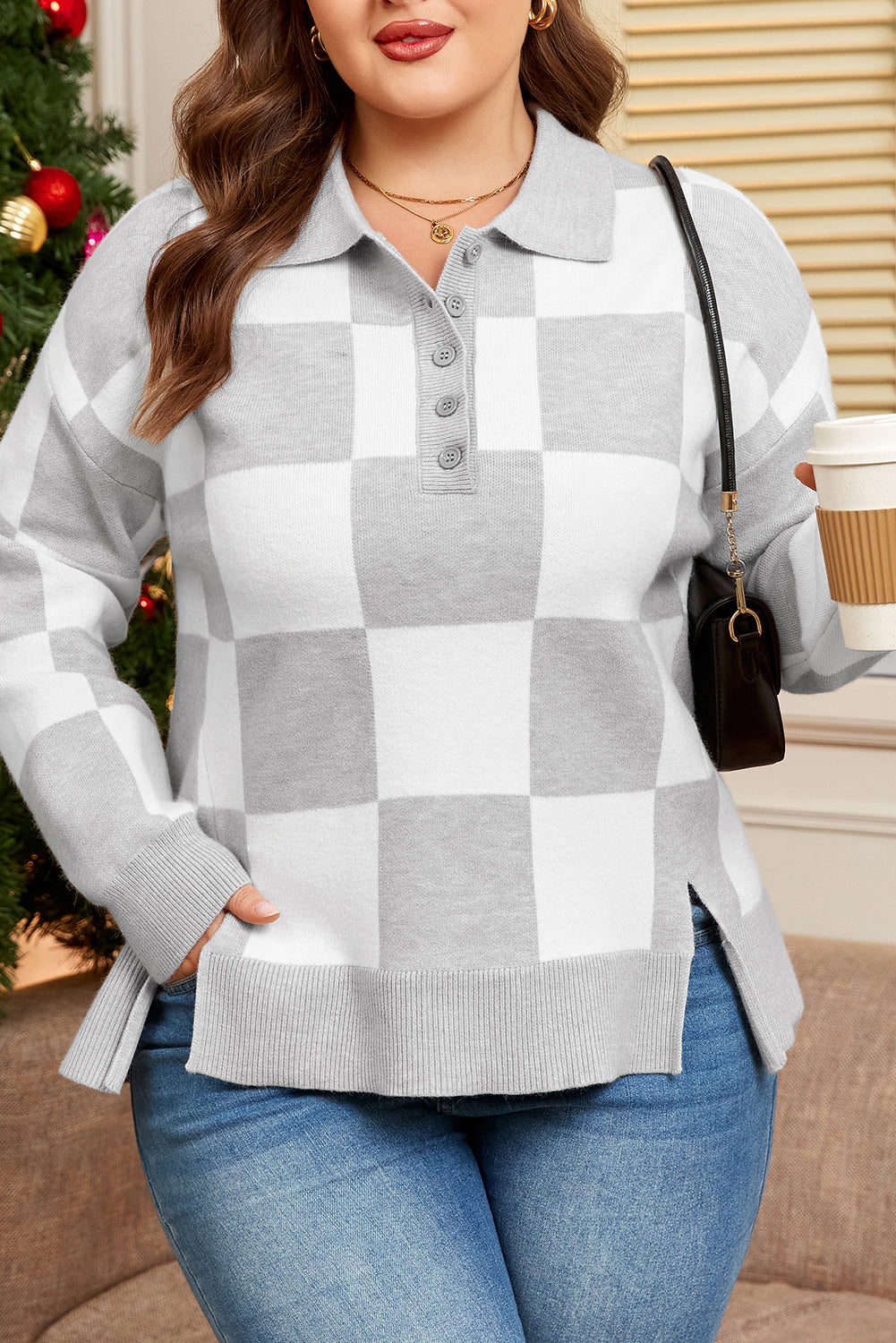 Gray Plus Size Checkered Pattern Button Polo Collar Split Sweater Bazaare Mart Plus Size/Plus Size Sweaters & Cardigans