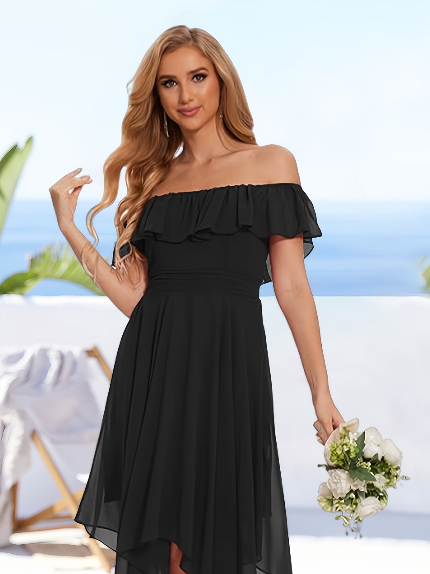 Black Flowy Off-the-Shoulder Bridesmaid Dress 