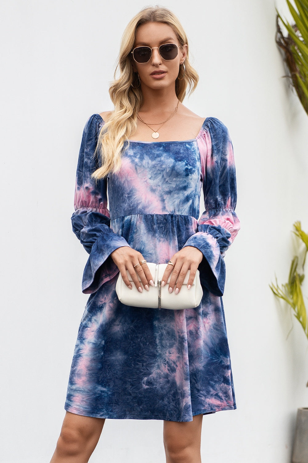 Ivy Lane Tie-Dye Square Neck Flounce Sleeve Dress