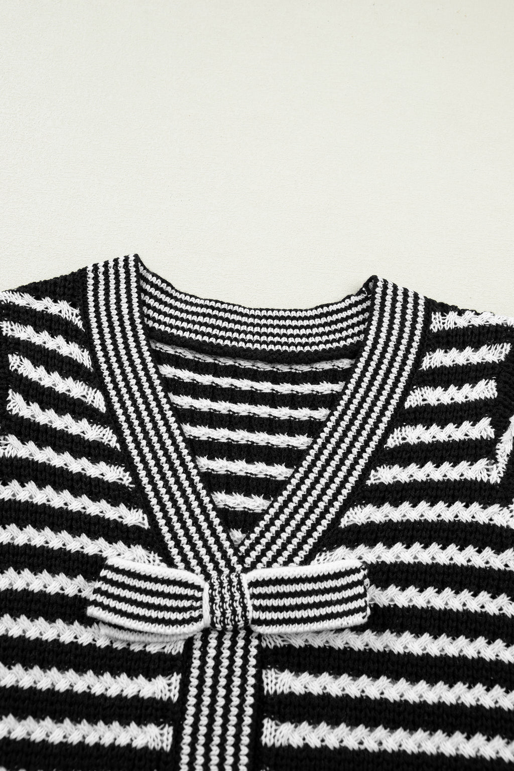 Striped Short Sleeve Knit V Neck Bow Knot Sweater Bazaare Mart Sweaters & Cardigans/Short Sleeve Sweaters