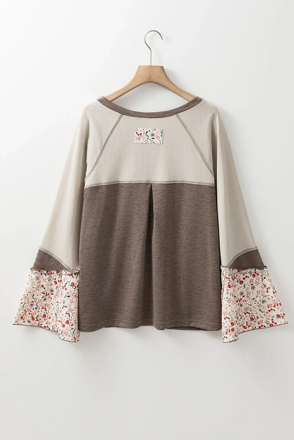 Floral Patchwork Flared Sleeve Henley Top Bazaare Mart Tops/Blouses & Shirts