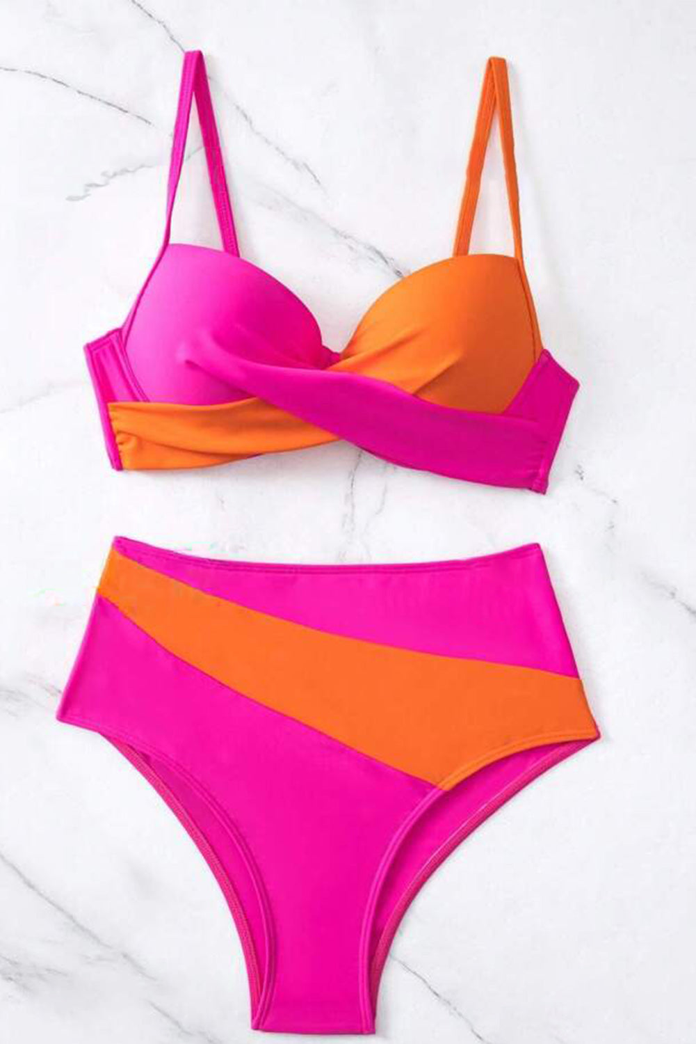 Magenta and Orange 2-Tone Twist Top High Waist Bikini