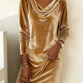 Elegant Long Sleeve Cowl Neck Velvet Dress Golden Bazaare Mart Elegant Long Sleeve Cowl Neck Velvet Dress
