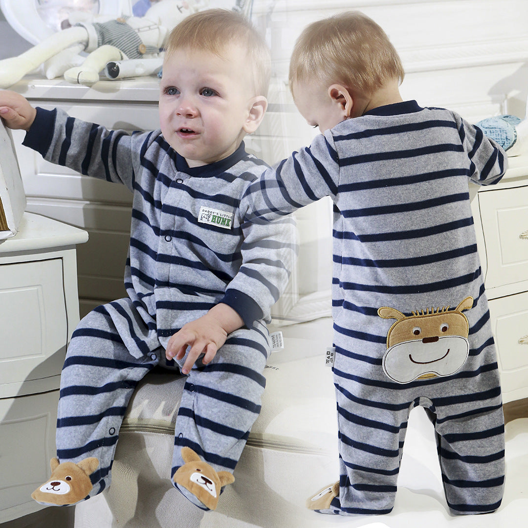 Blue Striped PJs with cartoon dog head on the feet and bottom