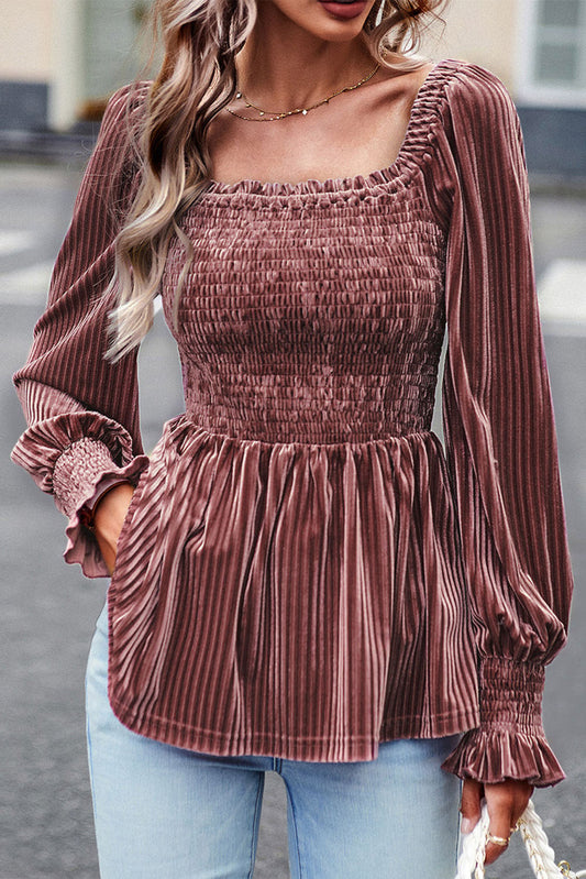 Pink Velvet Long Sleeve Peasant Top